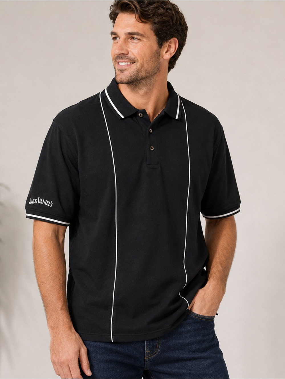 Jack Daniel’s Embroidered Polo Shirt Men’s XL Black White Contrast Trim Cotton
